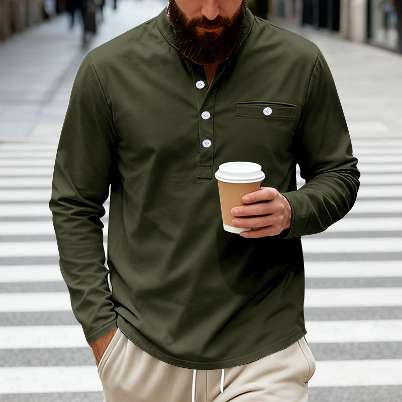 Herren nan langärmeliges Henley-Shirt mit Stehkragen, Brusttasche und dekorativer Knopfleiste Echo Archiv