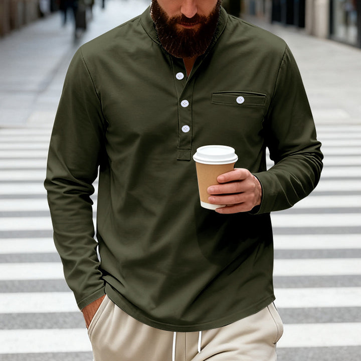 Herren nan langärmeliges Henley-Shirt mit Stehkragen, Brusttasche und dekorativer Knopfleiste Echo Archiv