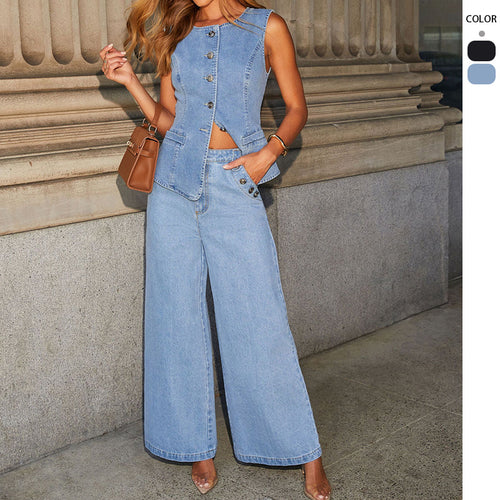 Damen nan weit geschnittene Highwaist Denimhose mit seitlicher Knopfleiste und weitem Bein Echo Archiv
