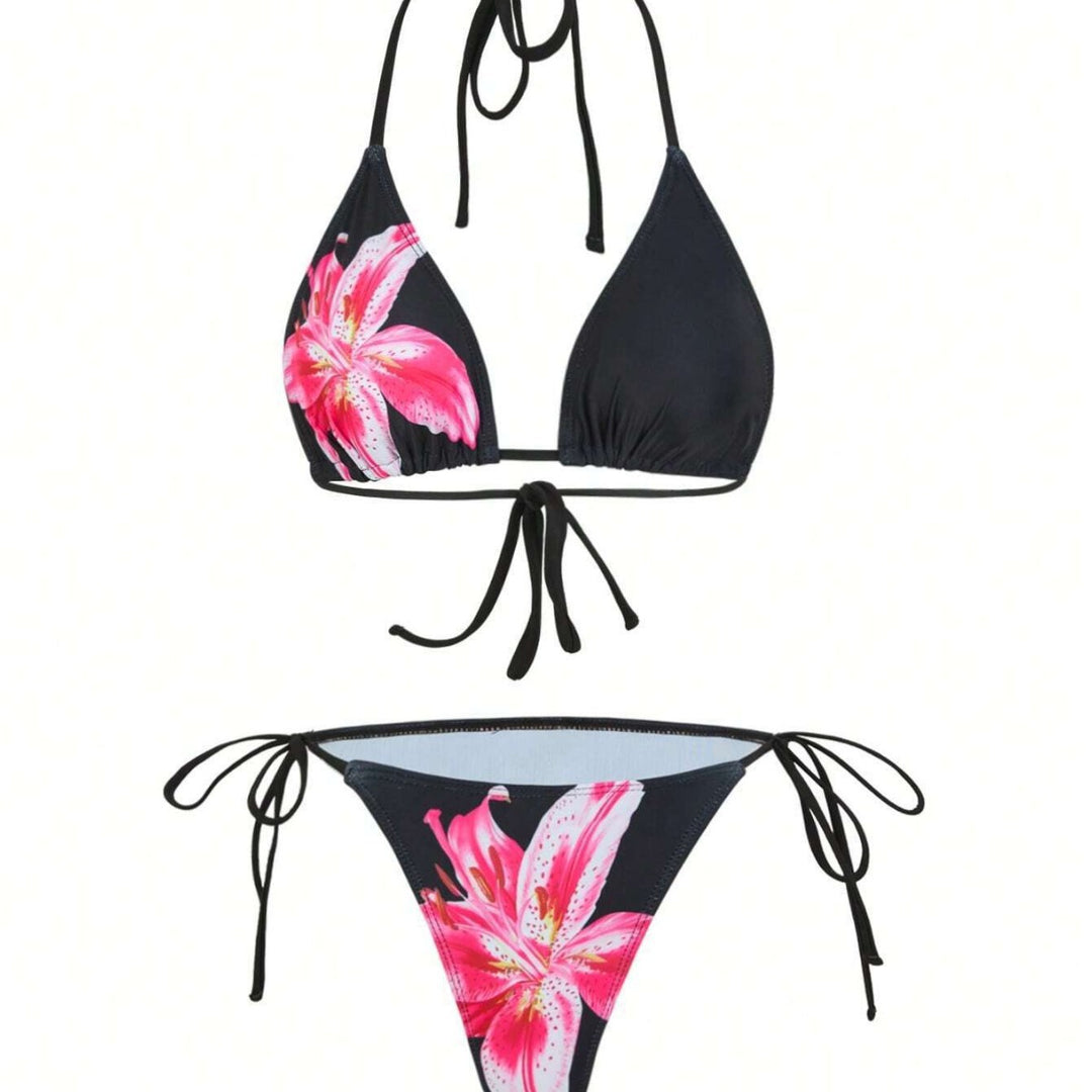 Damen Triangel-Bikini-Set mit floralen Mustern und transparentem Maxirock Echo Archiv