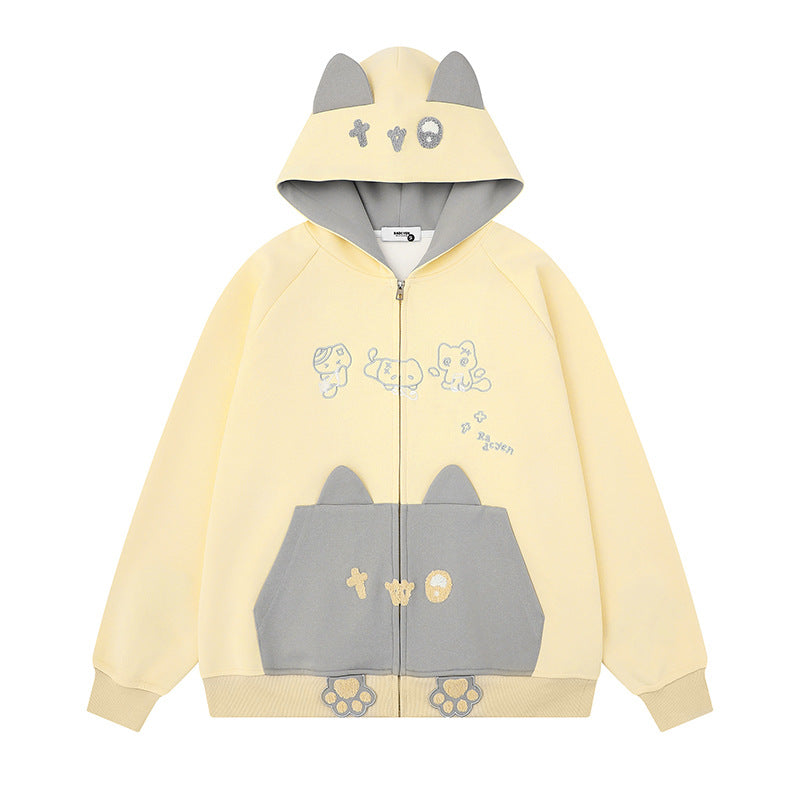 Damen Kapuzen-Sweatjacke mit Ohren, durchgehendem Reißverschluss, Kängurutasche mit Pfoten‑Applikation und verspielten Stickereien Echoarchiv
