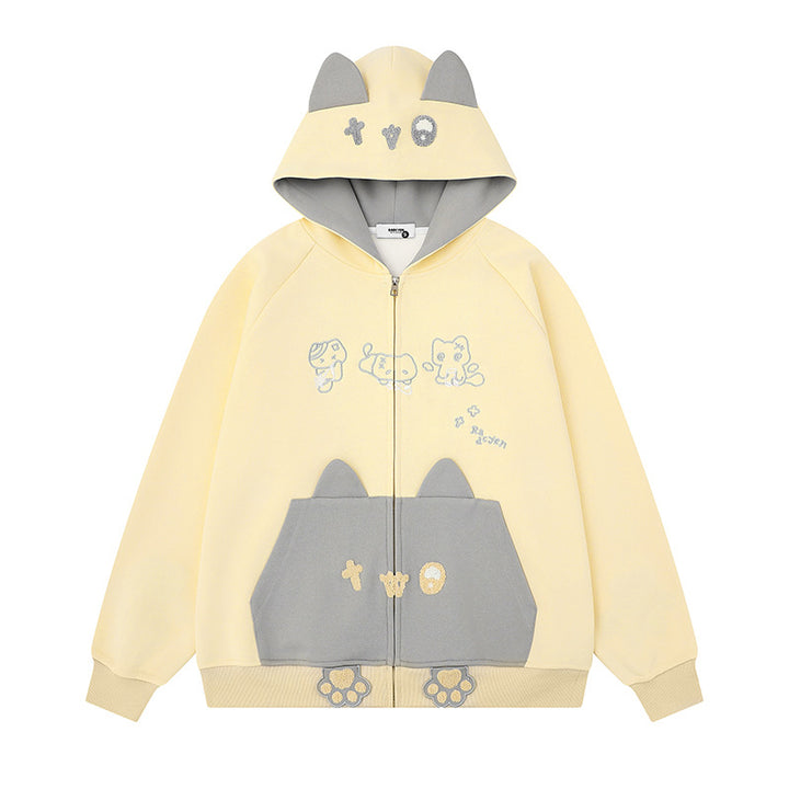 Damen Kapuzen-Sweatjacke mit Ohren, durchgehendem Reißverschluss, Kängurutasche mit Pfoten‑Applikation und verspielten Stickereien Echoarchiv