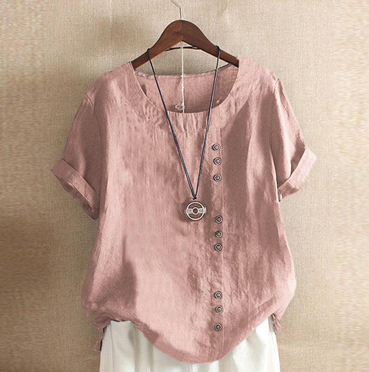 Damen Lässige Leinenbluse mit Umschlagbaren Ärmeln und Knopfdetails Echoarchiv