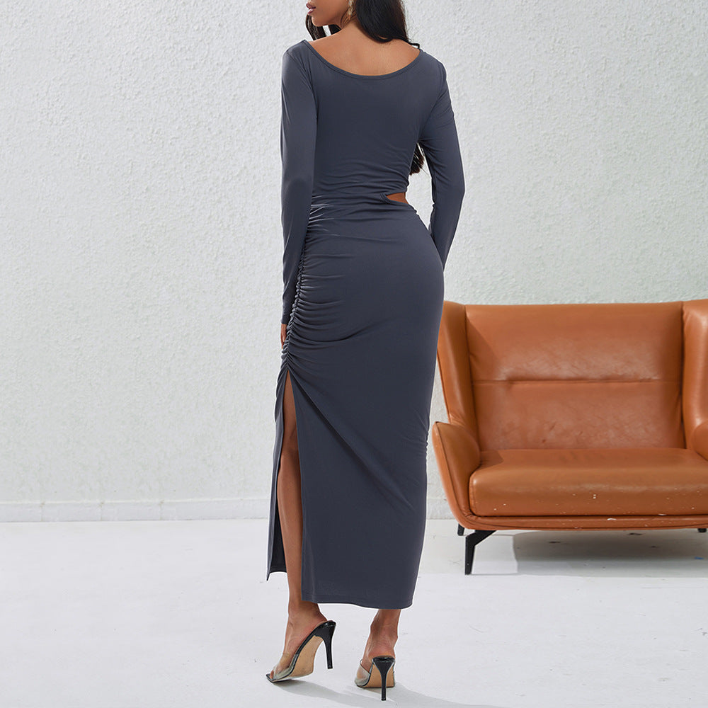 Damen eng anliegendes Maxikleid mit langem Arm seitlichem Cut-Out geraffter Hüfte und hohem Beinschlitz – Valéora