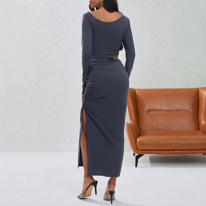 Damen eng anliegendes Maxikleid mit langem Arm seitlichem Cut-Out geraffter Hüfte und hohem Beinschlitz – Valéora