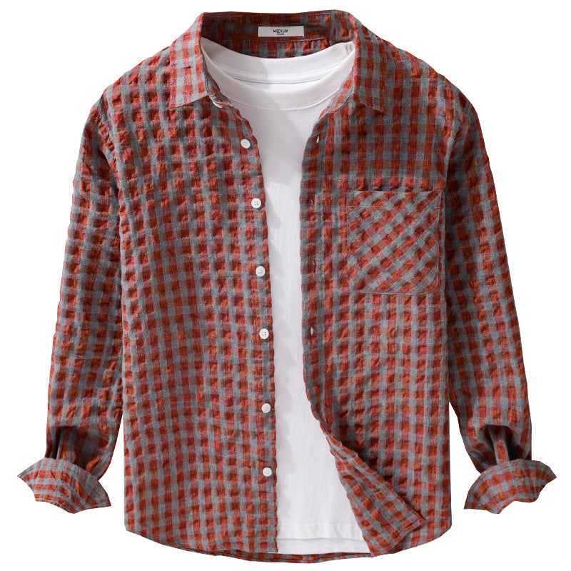 Herren Leichtes Crinkle-Karo-Overshirt aus Baumwollmix mit aufgesetzter Brusttasche Echoarchiv