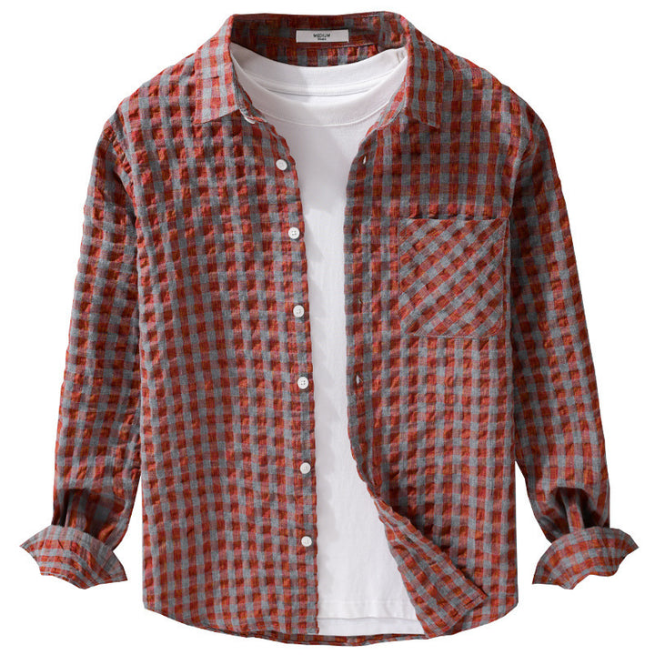 Herren Leichtes Crinkle-Karo-Overshirt aus Baumwollmix mit aufgesetzter Brusttasche Echoarchiv