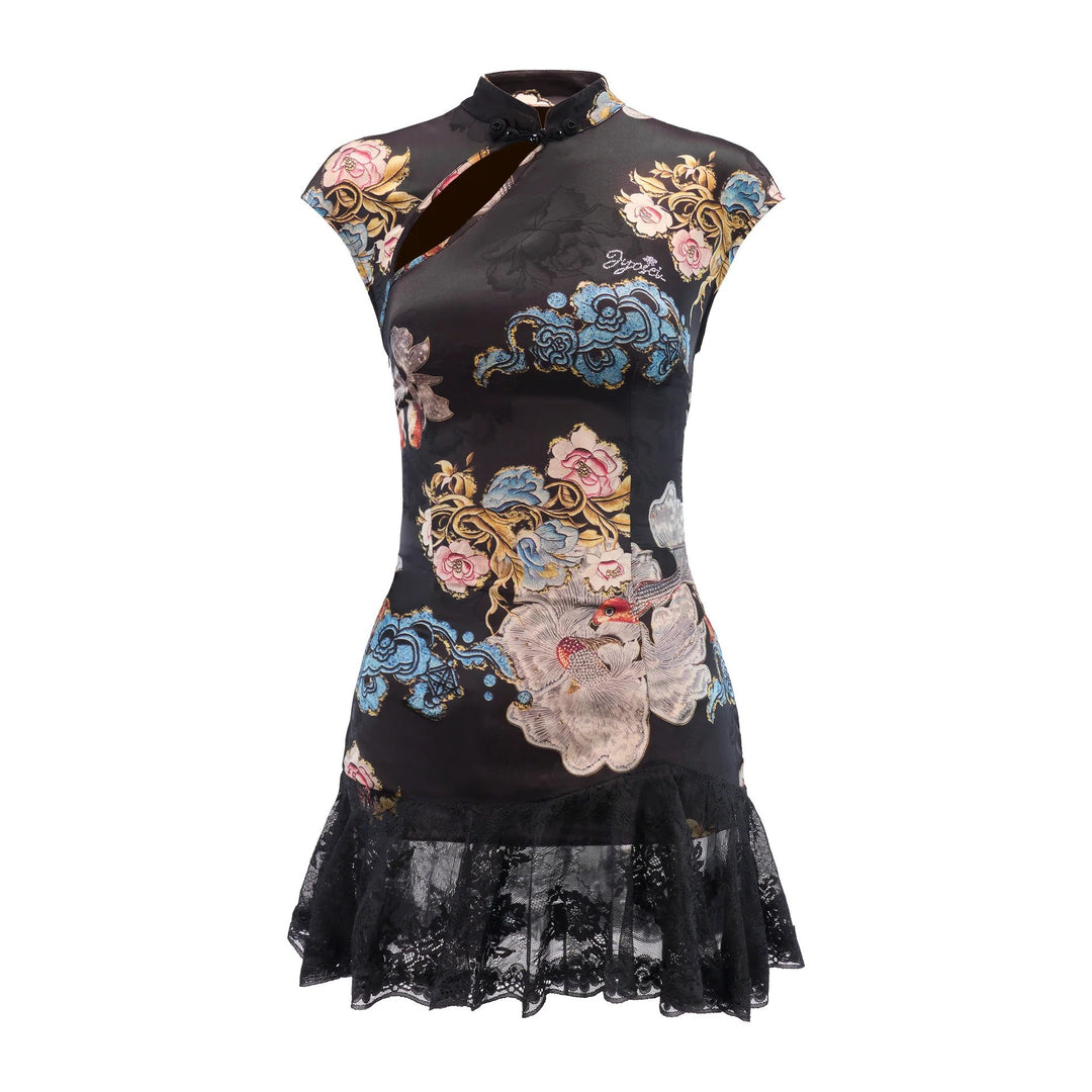 Damen Kurzärmliges Blumenkleid mit Spitzenunterrand Echo Archiv
