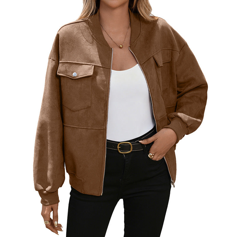 Damen Oversize Wildlederoptik-Bomberjacke mit Brustklappen und Reißverschluss – Avenza