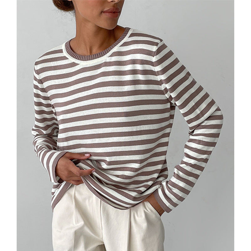 Damen nan gestreifter Baumwollpullover mit Rundhals und legerer Passform Echo Archiv