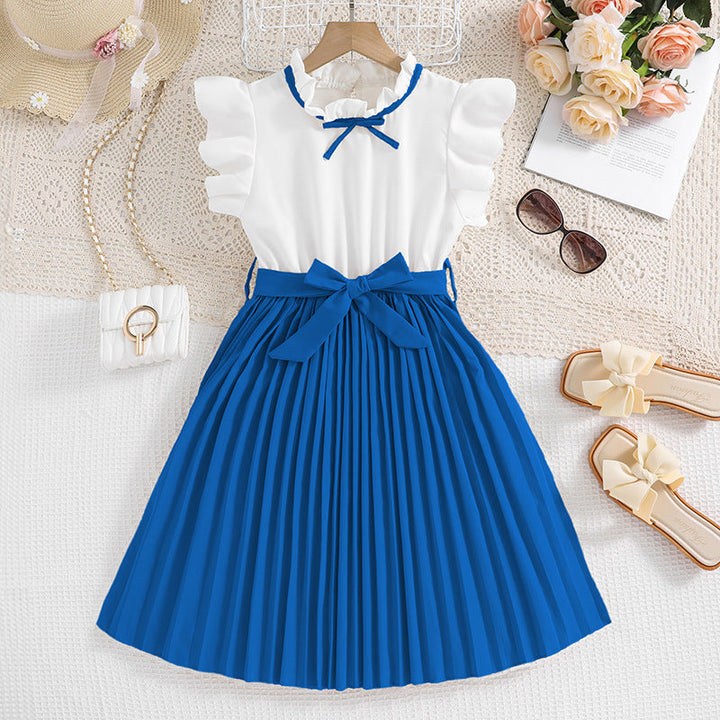 Mädchen Faltenrockkleid mit Puffärmeln und Taillenknoten Echoarchiv