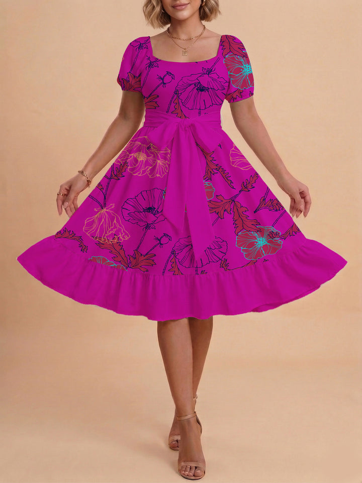 Damen modernes Blumenkleid mit elegantem Taillengürtel und asymmetrischem Saum Echo Archiv