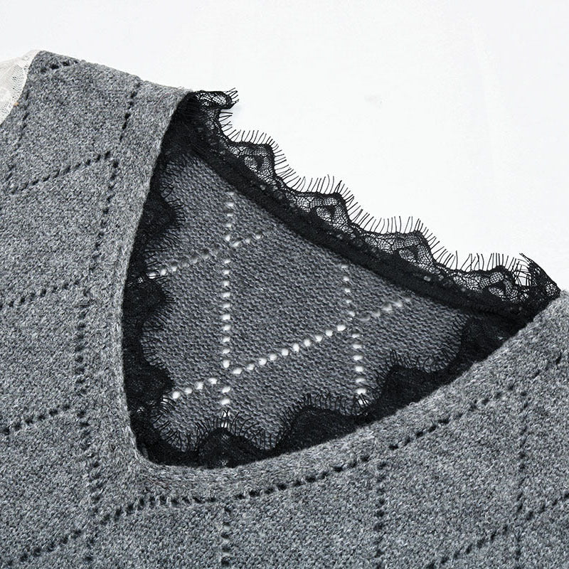 Damen Lässiger Feinstrickpullover mit Ajour‑Rautenmuster, transparenten Spitzenärmeln und gerippten Bündchen Echoarchiv