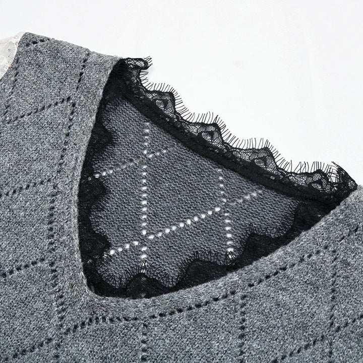 Damen Lässiger Feinstrickpullover mit Ajour‑Rautenmuster, transparenten Spitzenärmeln und gerippten Bündchen Echoarchiv