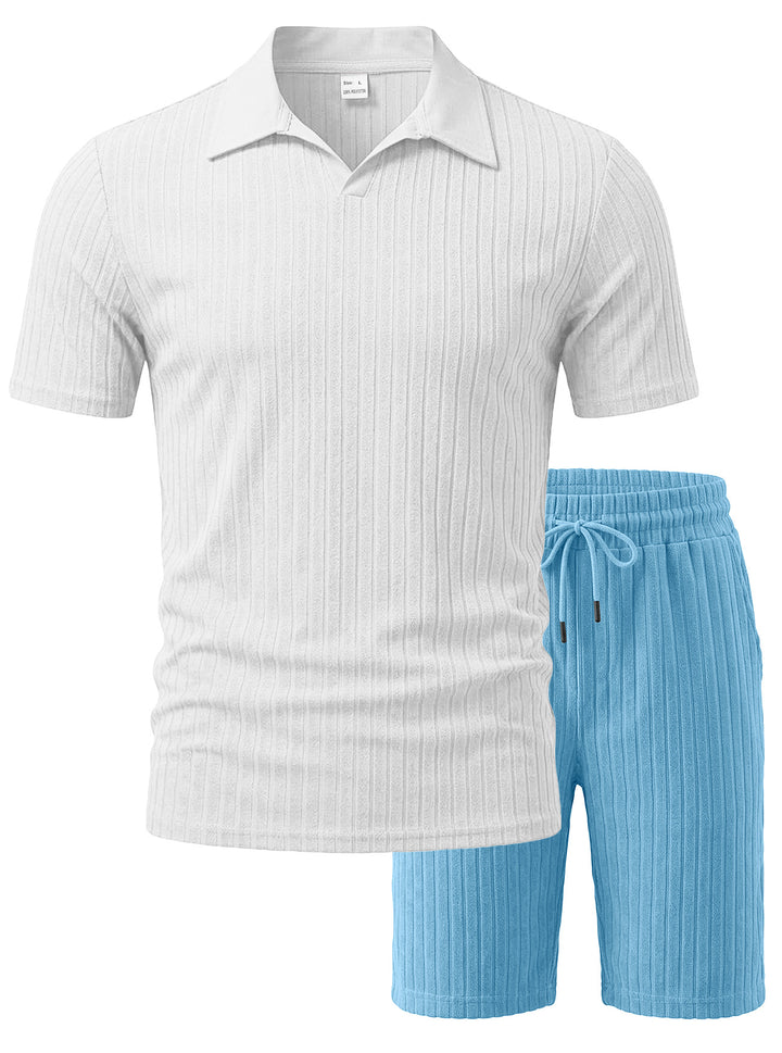 Herren nan Strick-Lounge-Ensemble mit Polokragen V‑Einsatz und Tunnelzug-Bermudas Echo Archiv