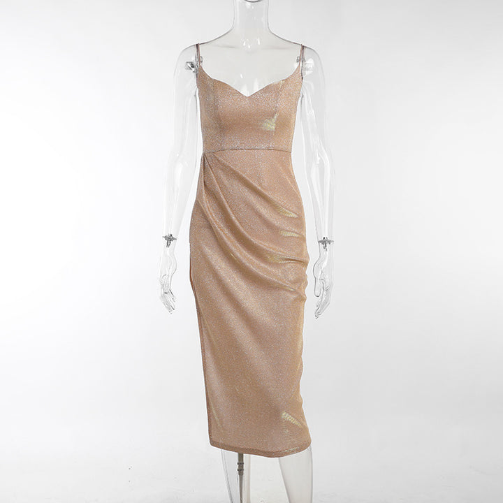Damen elegantes Metallic-Effekt-Midikleid mit Spaghettiträgern Echo Archiv