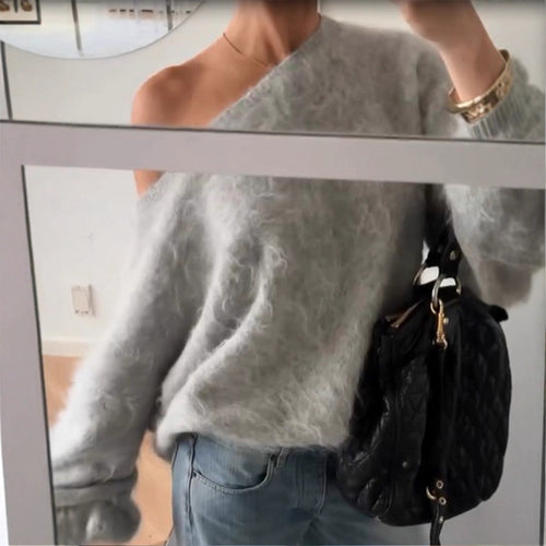 Damen Oversize Mohair-Blend Off-Shoulder Pullover mit Ballonärmeln Echoarchiv