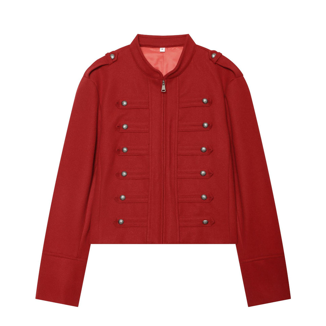 Damen militärisch inspirierte Wolljacke mit Stehkragen Zipper und dekorativen Knopfleisten – Célinea