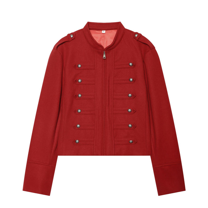 Damen militärisch inspirierte Wolljacke mit Stehkragen Zipper und dekorativen Knopfleisten – Célinea