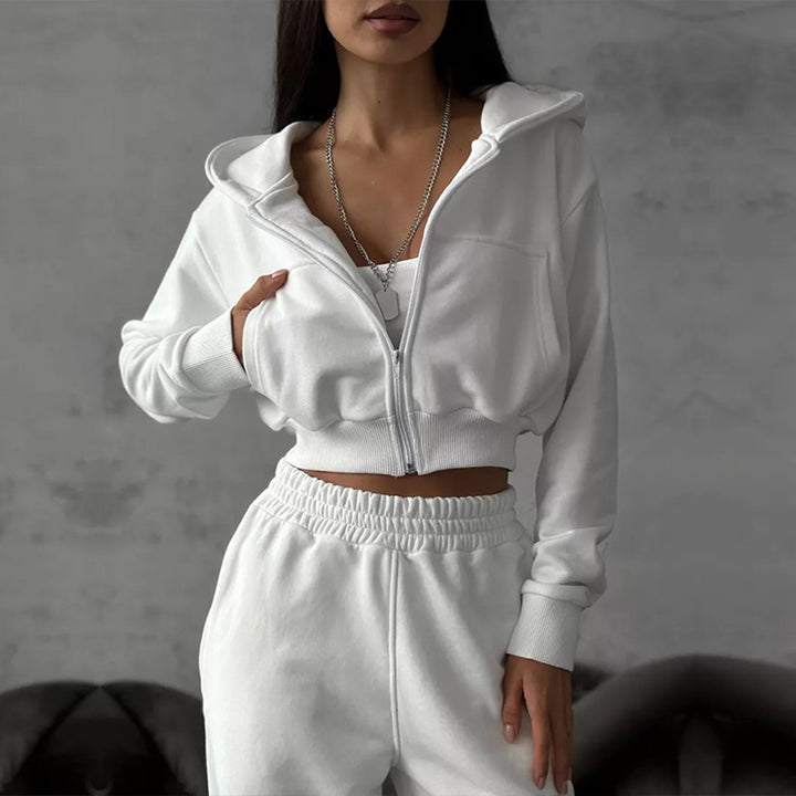 Damen kurzes Zip-Kapuzensweatshirt mit tailliertem Bündchen und weitem High‑Waist French‑Terry Jogginghose Set – Auréline