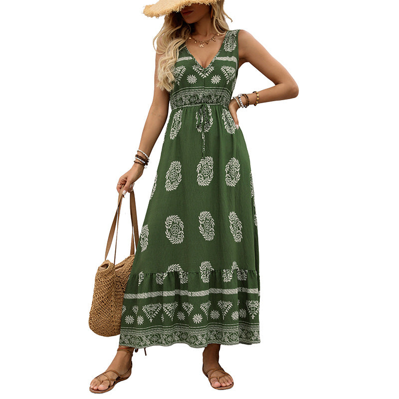Damen Maxikleid mit V-Ausschnitt, tailliertem Bindegürtel und gestuftem Volant Saum Echoarchiv