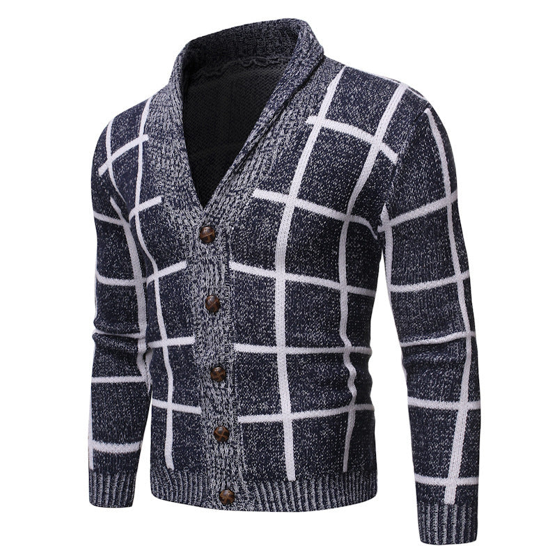 Herren modische Strickjacke mit V-Ausschnitt und modernem Karomuster Echoarchiv