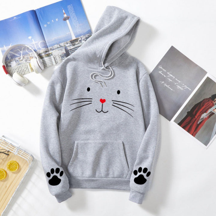Damen Kapuzenpullover mit gedrucktem Katzenmotiv, Kängurutasche und Pfotenapplikationen – Auréline