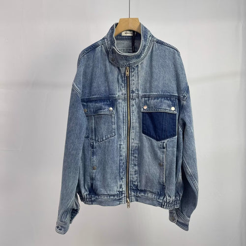 Herren Relaxed Denim-Utility-Jacke mit Stehkragen und kontrastierter Brusttasche Echoarchiv
