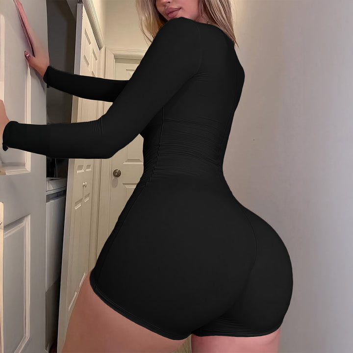 Damen figurbetonter Jumpsuit mit quadratischem Ausschnitt, langen Ärmeln und shorts-Länge – Solévia