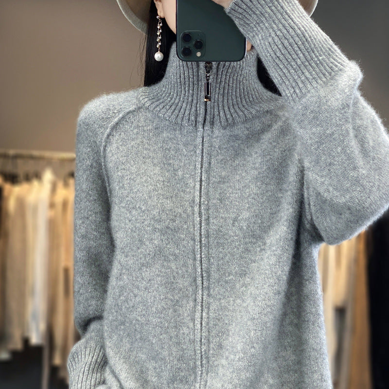 Damen Zip-Cardigan im Kaschmir‑Look mit Stehkragen und gerippten Bündchen Echoarchiv