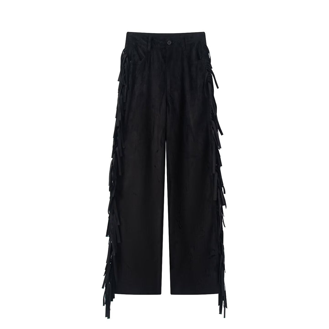 Damen Weite High-Waist-Hose mit seitlichen Fransen und Knopfverschluss Echo Archiv