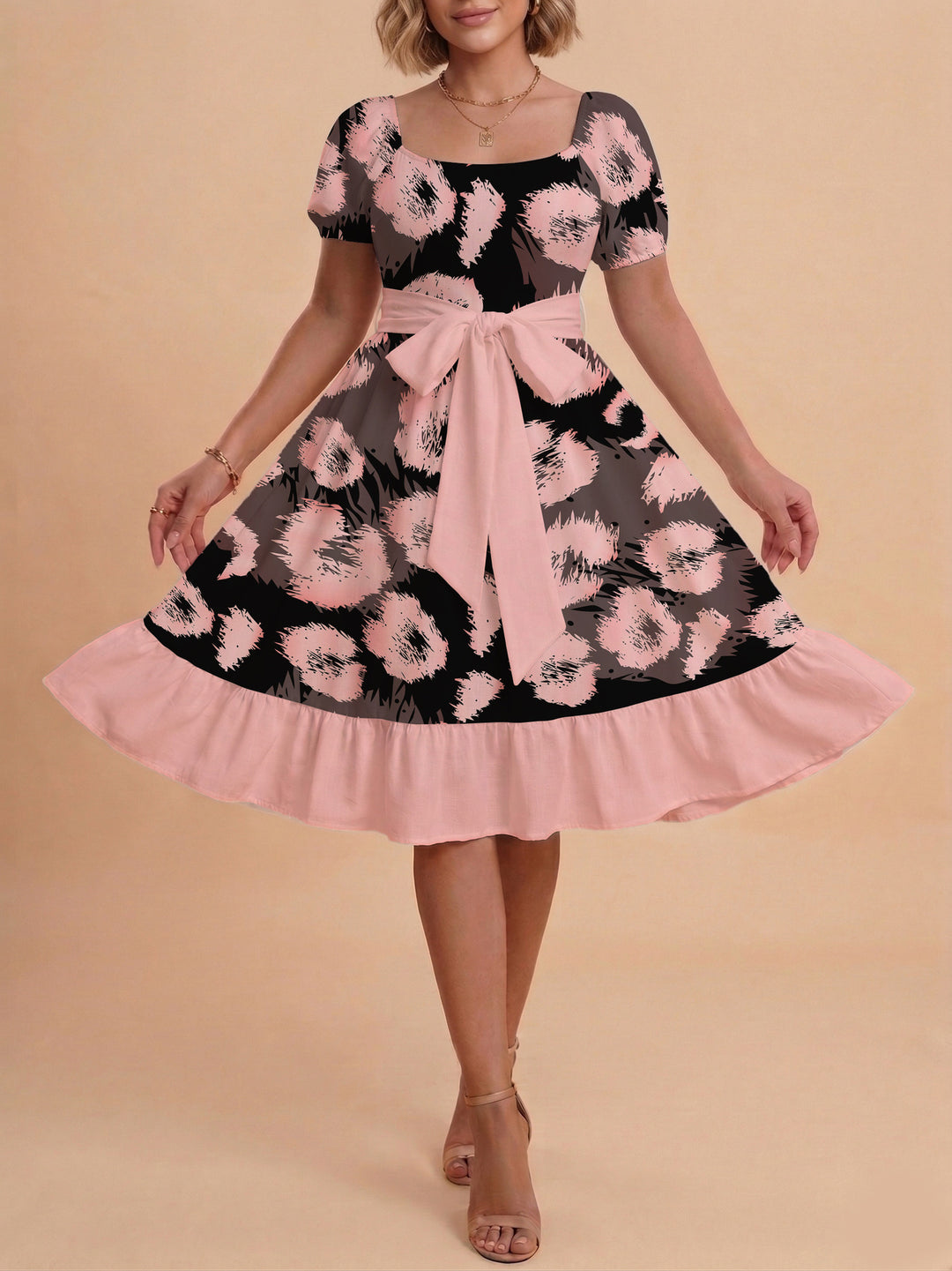 Damen Sommerliches Blumenkleid mit taillierbarem Gürtel und voluminösen Ärmeln Echo Archiv