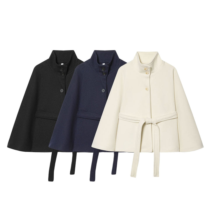 Damen Kurzes Cape-Mantel mit Stehkragen, Knopfleiste und Bindegürtel Echo Archiv