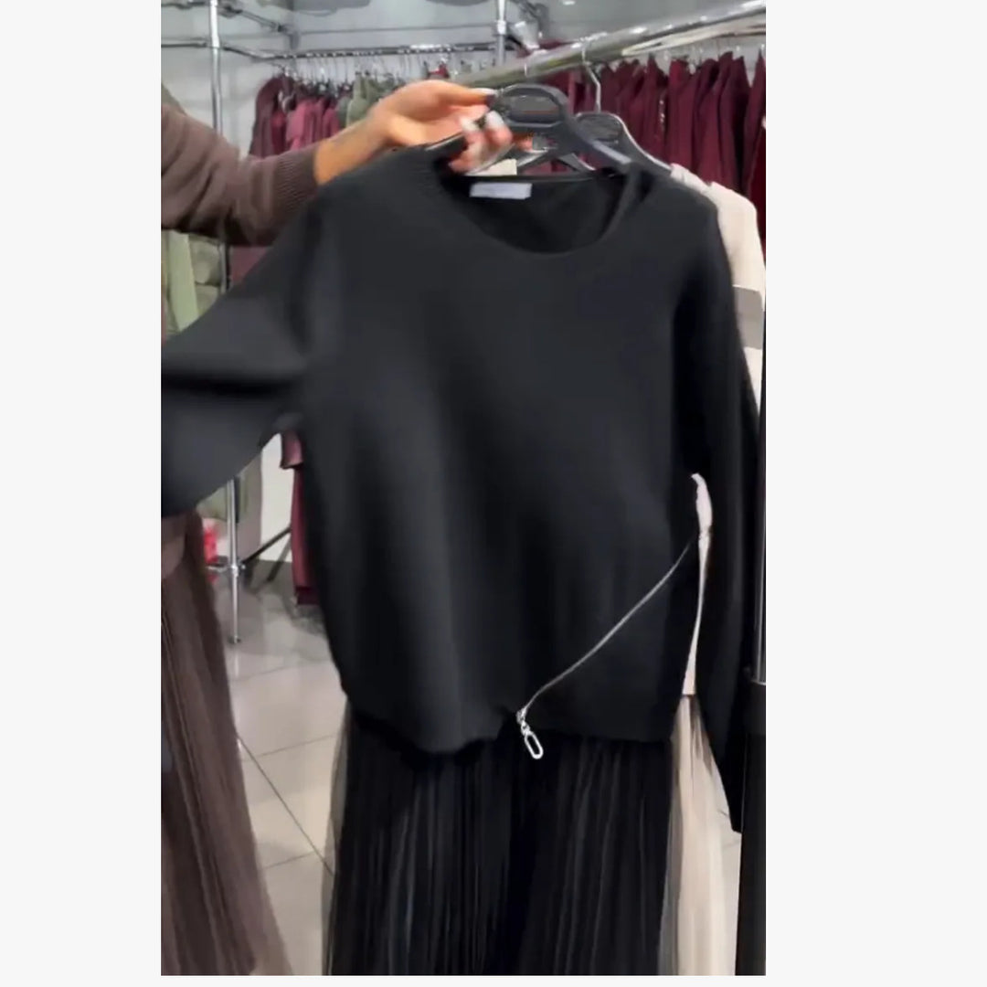 Damen Oversize Feinstrickpullover mit Seitenschlitzen, diagonalem Naht und schichtartigem Look Echoarchiv