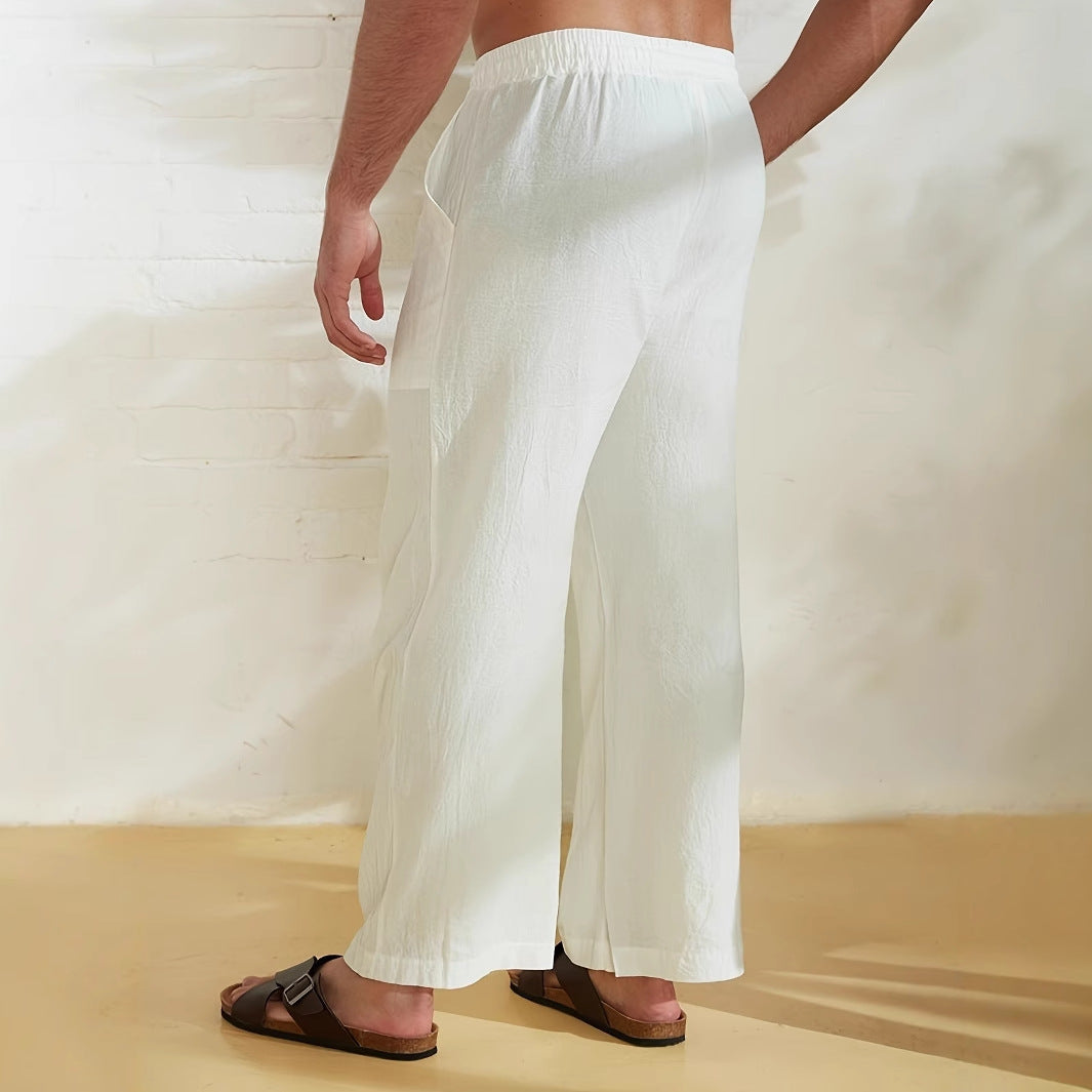 Herren Leichte Leinen-Loungehose mit weitem Bein, Kordelzug und aufgesetzten Taschen – Sorevano