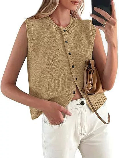 Damen lässige Strickweste mit Knopfleiste und Rundhalsausschnitt – Veloura