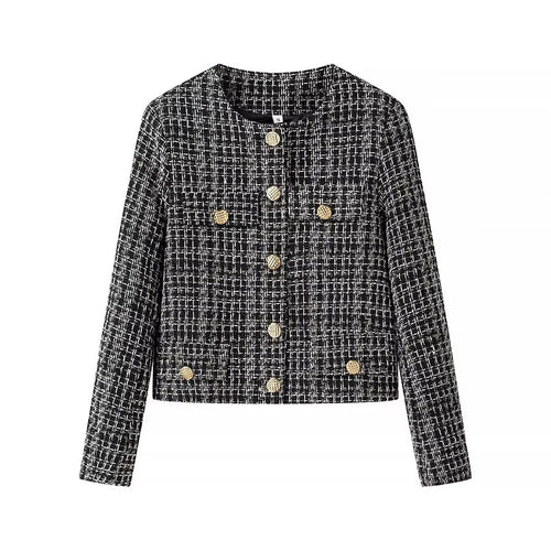 Damen kurz geschnittene Bouclé-Jacke im Boxy-Schnitt mit Goldknopf-Detail und Pattentaschen – Célinea