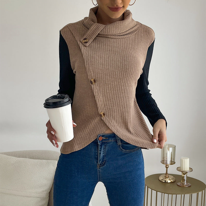 Damen Asymmetrisches Rippenstrick-Layering-Top mit Rollkragen und Zierknopfleiste Echoarchiv
