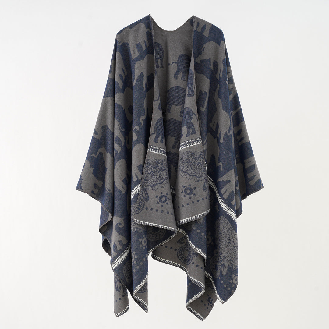 Damen Jacquard‑Ruana mit Elefantenmotiv und ornamentaler Bordüre – Avelisse