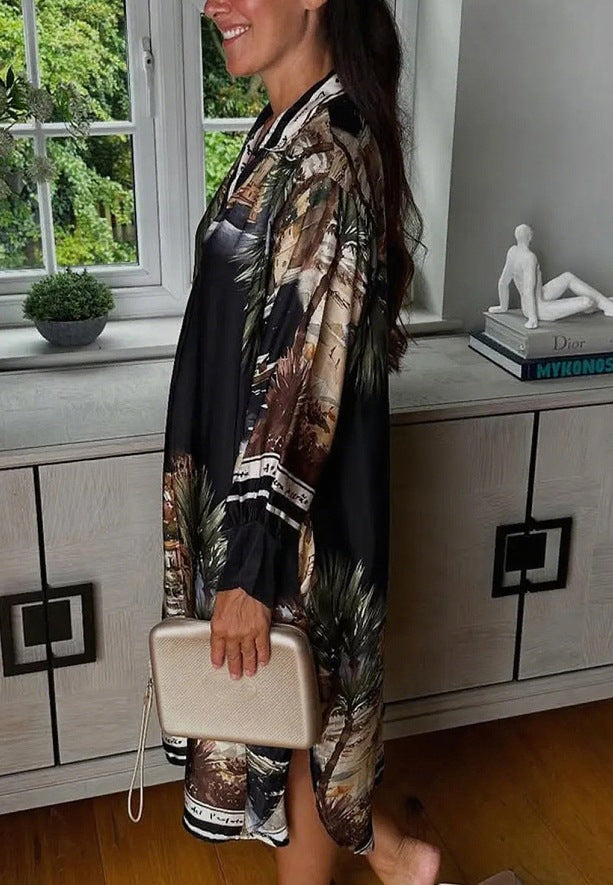 Damen nan Seidenoptik-Hemdkleid im Kaftanstil mit illustrativem Küstenprint Echo Archiv