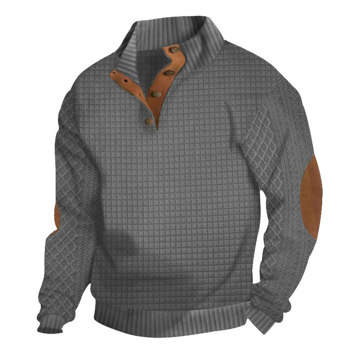 Herren nan Halbknopf-Stehkragenpullover mit Wabenstruktur und Lederbesatz Echo Archiv