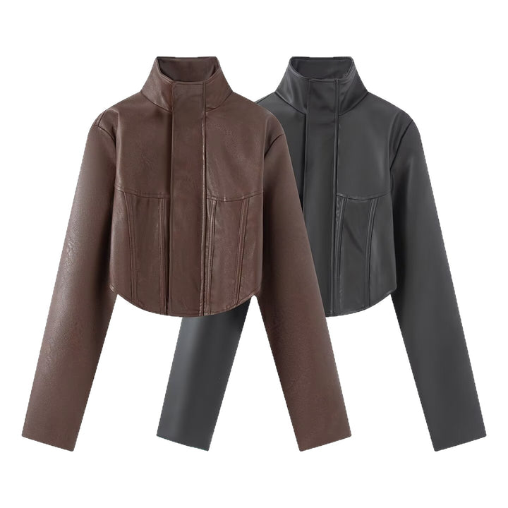 Damen Kurze taillierte Lederoptik‑Jacke mit Stehkragen und femininer Brustabsteppung Echoarchiv