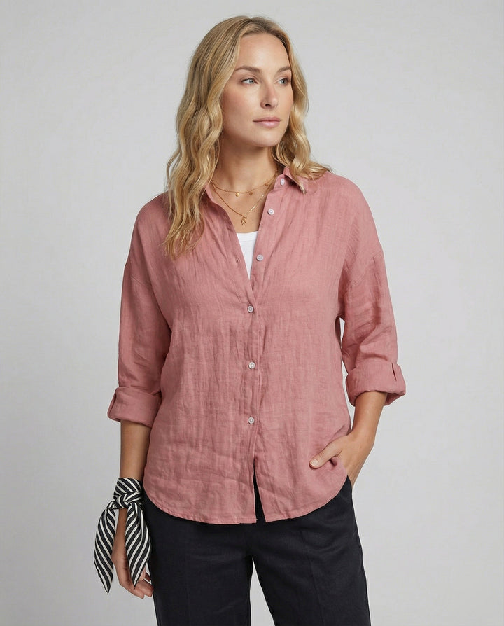 Damen lässige Leinenbluse mit lockerer Passform und Knopfleiste Echoarchiv