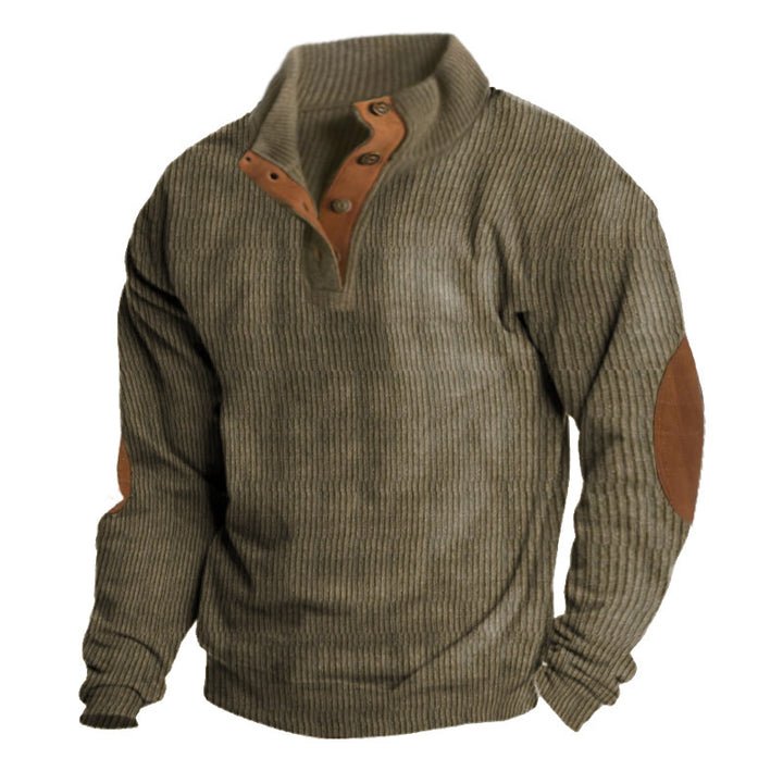 Herren nan rustikaler gerippter Pullover mit Henley-Kragen und lederartigen Ellbogenbesätzen Echo Archiv