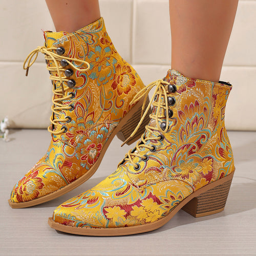 Damen bestickte Schnür-Stiefelette mit Jacquard-Brokatmuster und niedrigem Blockabsatz Echo Archiv