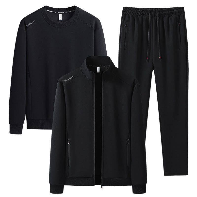 [Herren] Zweiteiliges Trainingsset mit Stehkragen-Zipjacke, Rundhals‑Sweatshirt und konisch geschnittener Jogginghose aus atmungsaktivem Fleece Echoarchiv