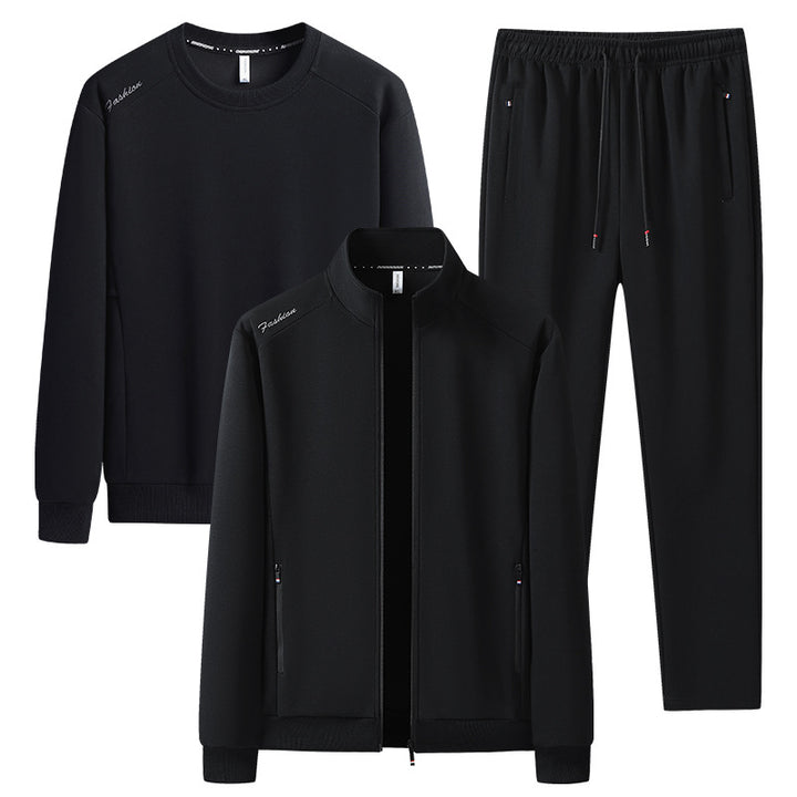 [Herren] Zweiteiliges Trainingsset mit Stehkragen-Zipjacke, Rundhals‑Sweatshirt und konisch geschnittener Jogginghose aus atmungsaktivem Fleece Echoarchiv