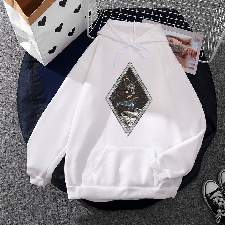 Damen Oversize Kapuzenpullover mit aufgenähter Wal-Patchapplikation, Kängurutasche und fleecegefüttertem Innenfutter – Auréline