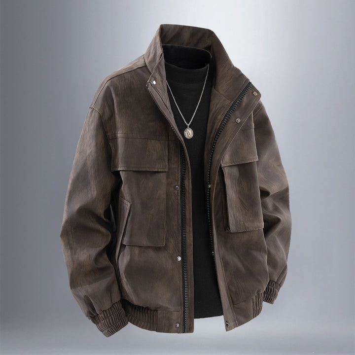 Herren Utility-Harringtonjacke in Lederoptik mit Mehrfachtaschen und elastischem Saum Echoarchiv