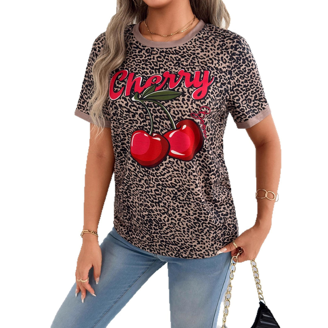 Damen lässiges T-Shirt mit Leopardenmuster und frischem Kirschen-Print Echo Archiv